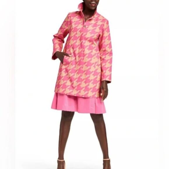 Isaac Mizrahi Pink Plaid Houndstooth Trenchcoat Jacket Coat Large Barbiecore - Picture 1 of 12